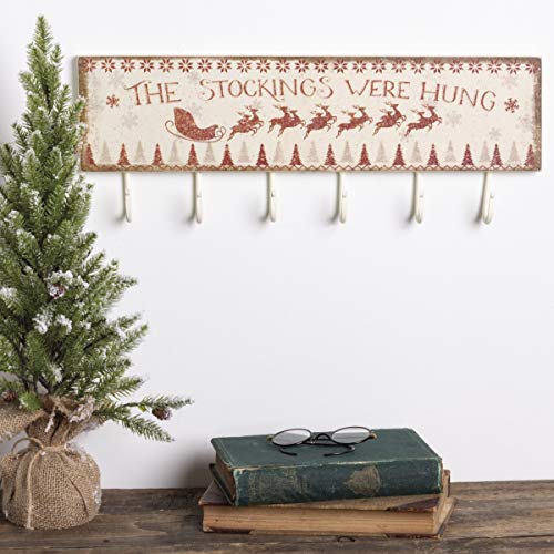 Rustic Christmas Stocking Holder Wall Hook Board - 20" x 5" with 6 Hooks - The Stockings Were Hung