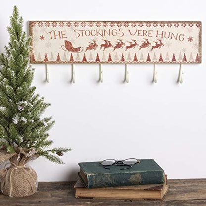 Rustic Christmas Stocking Holder Wall Hook Board - 20" x 5" with 6 Hooks - The Stockings Were Hung