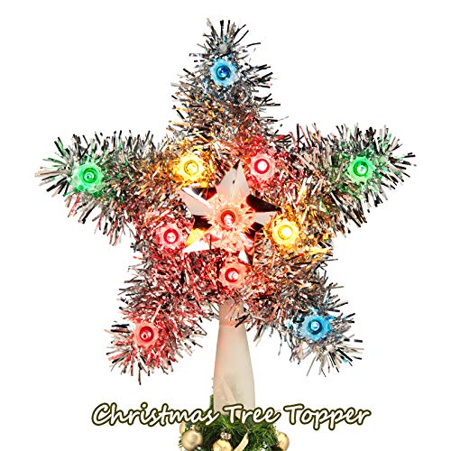 Multicolor Christmas Tree Star Topper with Lights - Tinsel Wreath Plug-in 3D Star