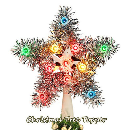 Multicolor Christmas Tree Star Topper with Lights - Tinsel Wreath Plug-in 3D Star