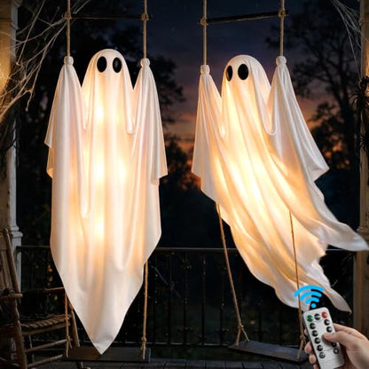 White Halloween Ghost Decorations Outdoor 5FT Swinging Ghosts with Remote & Timer