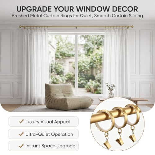 18 pcs Brushed Gold Curtain Rings with Clips, 1-5/8 Inch Quiet Drapery Rings