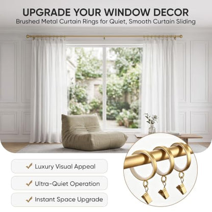 18 pcs Brushed Gold Curtain Rings with Clips, 1-5/8 Inch Quiet Drapery Rings