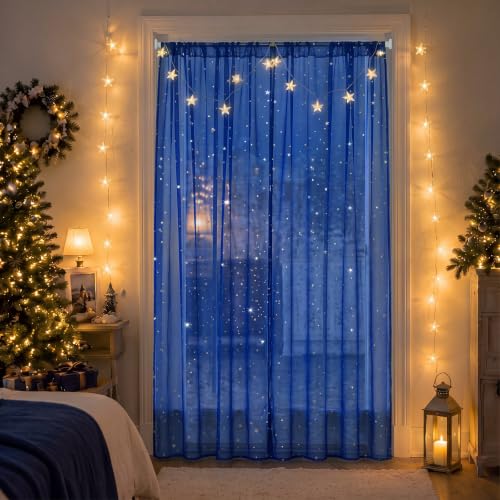 Blue Sheer Curtain with Star Pattern and String Lights for Nursery and Bedroom Decor