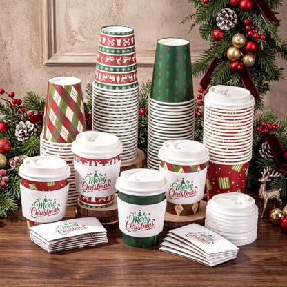 Christmas Paper Cups 9 oz Set with Sleeves and Lids - Red & Green Classic Design