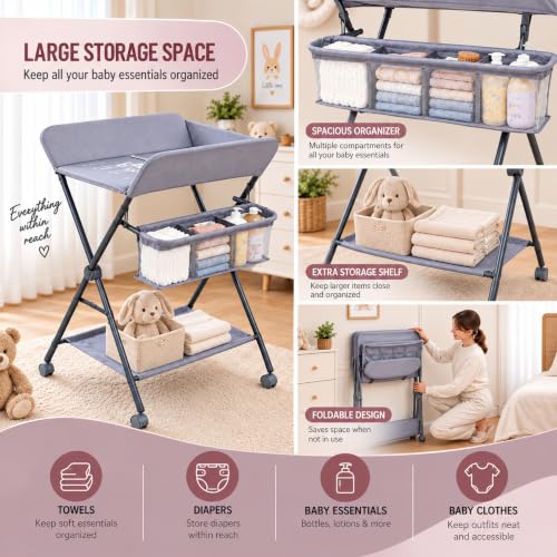 Baby Changing Table with Wheels, Portable Foldable Diaper Station, Adjustable Height Nursery Organizer