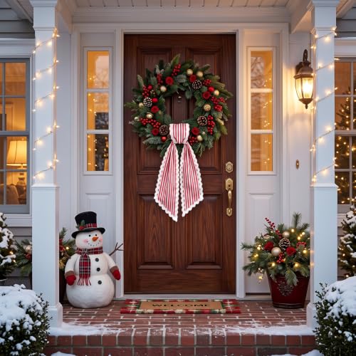 Christmas Wreath Sash Red White Striped Front Door Decoration - Variation D
