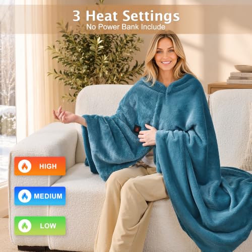 Dusty Blue Heated Faux Rabbit Fur Wearable Blanket with USB & Type-C