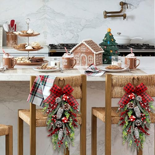 Christmas Teardrop Swag Decorations - Red Checked Bow, Pinecones & Bells, 28 Inch - Green Variation