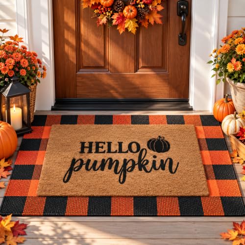 Halloween Door Mat Set with Pumpkin Coir & Orange Black Plaid - Fall Porch Decor