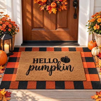 Halloween Door Mat Set with Pumpkin Coir & Orange Black Plaid - Fall Porch Decor