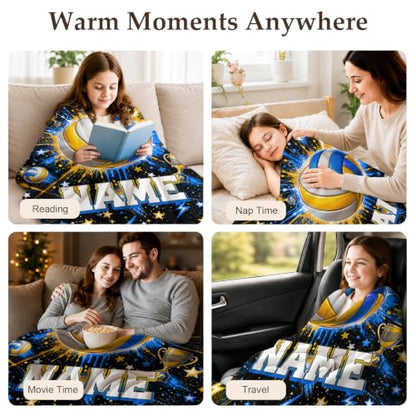 Personalized Volleyball Blanket for Kids with Name - Blue Throw