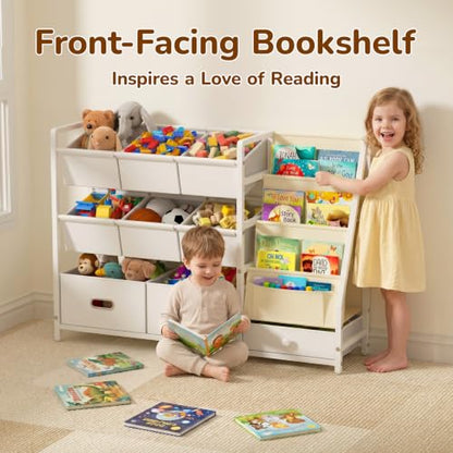 Kids Toy Storage Organizer with 9 Bins Montessori Toddler Bookshelf White