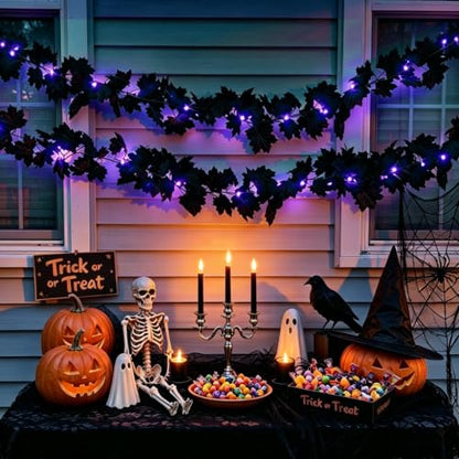 Black Maple Leaf Garland with Purple LED String Lights - Halloween Decor