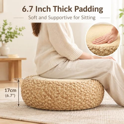 Japanese Floor Pillow Tatami Meditation Cushion Khaki 15.7x15.7x6.7 inches – Natural Woven Rattan Support