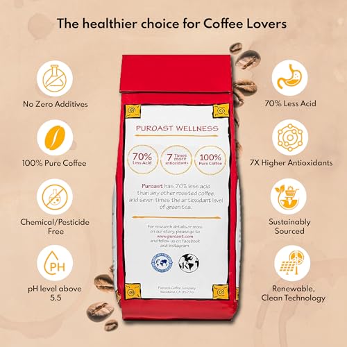 Puroast Low Acid Coffee Whole Bean, Nutcracker Sweet, Medium Roast, Certified Low Acid Coffee, pH 5.5+, Gut Health, 2.2 LB, Higher Antioxidant, Smooth for Espresso, Iced Coffee