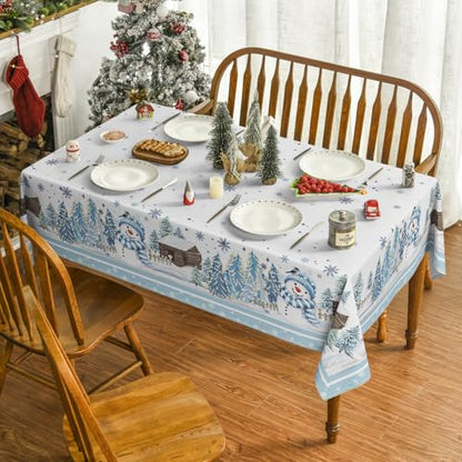 Christmas Tablecloth 60 x 84 Inch Rectangular Blue Snowman Pine - Holiday Decor