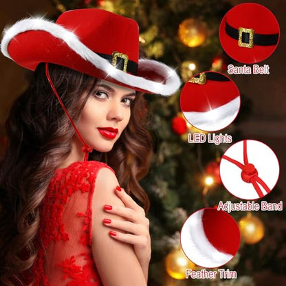 Suhine Christmas Cowboy Hats Light Up Santa Claus Cowgirl Hats Bulk - 18 Pack