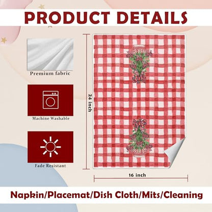 Chinoiserie Christmas Kitchen Towels - Red Buffalo Plaid Bow Holiday Dish Hand Towel, 16x24 Inches, Seasonal Home Decor