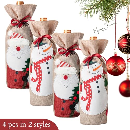 Christmas Burlap Wine Bottle Gift Bags Set of 4 - 13 x 5.5 Inches