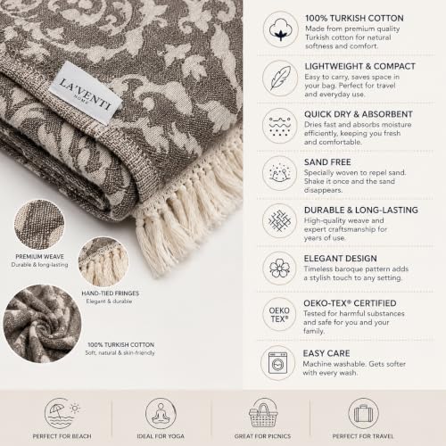 Turkish Beach Towel Oversized 35x69 Inch Quick Dry Sand Resistant Damask Pattern Taupe Brown & Cream