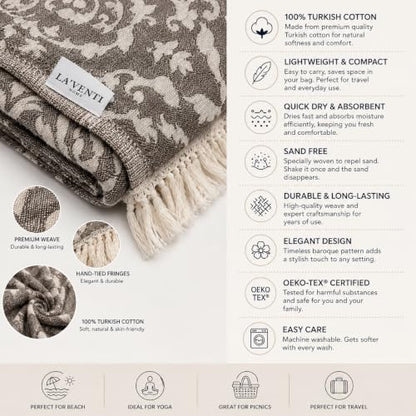 Turkish Beach Towel Oversized 35x69 Inch Quick Dry Sand Resistant Damask Pattern Taupe Brown & Cream