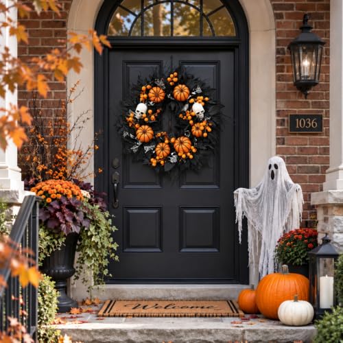 20-Inch Halloween Wreath with Purple LED Lights for Front Door - Spooky Outdoor Decor