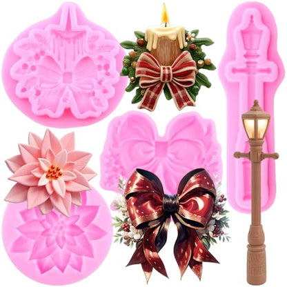 Christmas Silicone Mold Set of 4 - Poinsettia Bow, Holly Leaf & Street Lamp