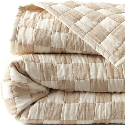 Lands' End Jacquard Quilted Cotton-Blend Coverlet King Camel Check - Layered Bedding