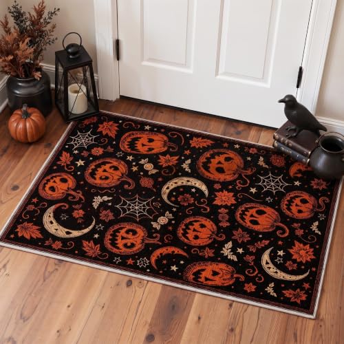 Halloween Rug Pumpkin Moon Non-Slip Indoor Welcome Mat - Midnight Orange 2x6 ft