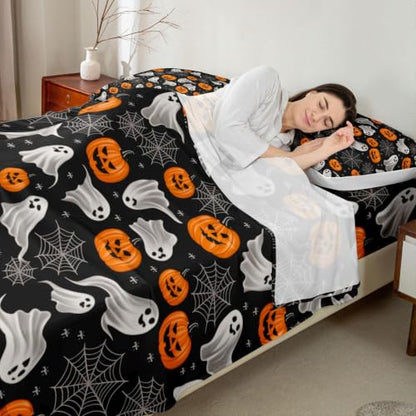 Halloween Ghost Bed Sheets Set Queen Size Deep Pocket Bedding with Pumpkin & Spider Web - Dark Gray/Black