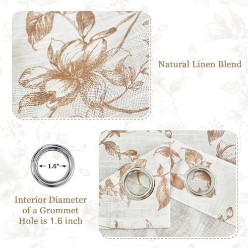 Taupe Vintage Floral Linen Curtains - 52W x 84L Inches, Pack of 2, Semi Sheer