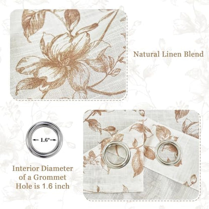 Taupe Vintage Floral Linen Curtains - 52W x 84L Inches, Pack of 2, Semi Sheer