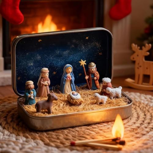 Mini Christmas Nativity Set in Tin Box - Handcrafted Pocket Scene with Figures - Holiday Religious Decor - Variation #a / 1