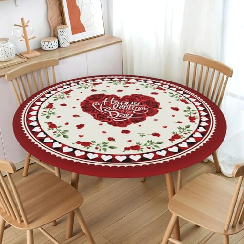 Heart Crimson Round Fitted Tablecloth with Elastic Edge - 44 Inch