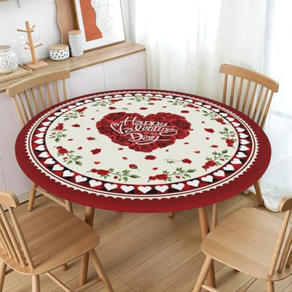Heart Crimson Round Fitted Tablecloth with Elastic Edge - 44 Inch