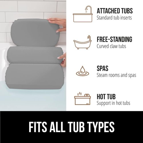 GORILLA GRIP Bath Pillow - Luxury Tub Headrest with Strong Suction Cups | XL Gray Spa Accessory