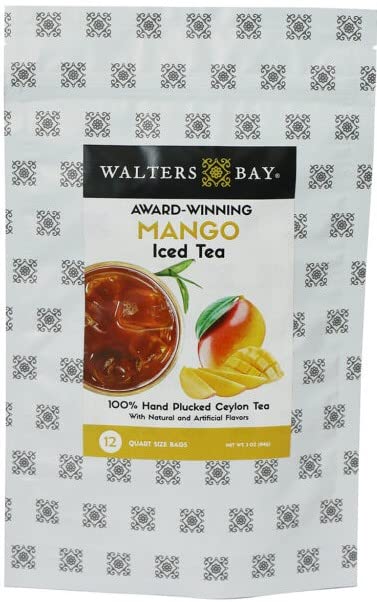 Walters Bay Mango Iced Tea, 12 Count, Quart Sized Tea Bags, Ceylon Tea, Unsweetened, Luscious Mango Fruit Flavored, 100% Hand Plucked, Black Tea, Sri Lankan Tea