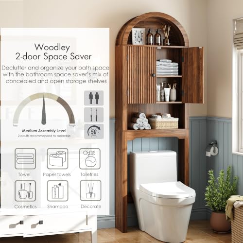 Over The Toilet Storage Cabinet Walnut Oak Bathroom Organizer with Arched Design