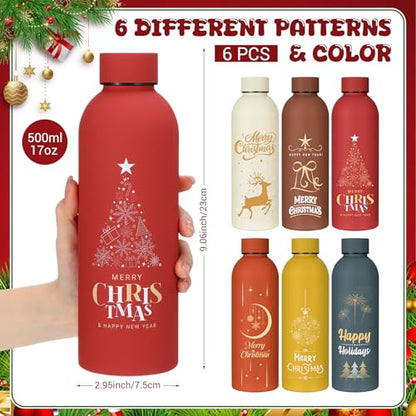 Christmas Water Bottle Set - 6 Stainless Steel 17oz Holiday Drink Bottles - Colorful Festive Design