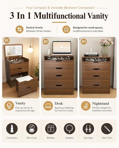 Walnut 23.6" 3-In-1 Makeup Vanity Desk with Flip Top Mirror & Light - Sliding Glass Top, Jewelry Organizer, Hidden Stool