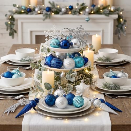Valery Madelyn Navy Blue & Silver Shatterproof Christmas Ornament Set, 60ct - Var Blue Silver