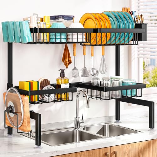 NestOrganix Over The Sink Dish Drying Rack - Expandable 2-Tier Black Kitchen Organizer - Variation 1