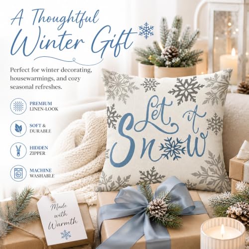 Let It Snow Pillow Cover 18x18 Winter Farmhouse Christmas Throw - Snowflakes Variation