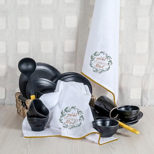 Christmas Kitchen Dish Cloths Set of 2 - White, Green, Brown Embroidered Cotton Towels 20x28 - Holiday Decor