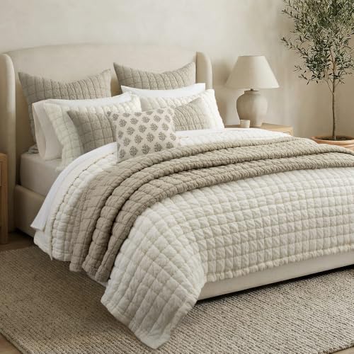 Taupe Reversible Cotton Quilt Set - King/Cal King with 2 Shams - Textured Grid Pattern