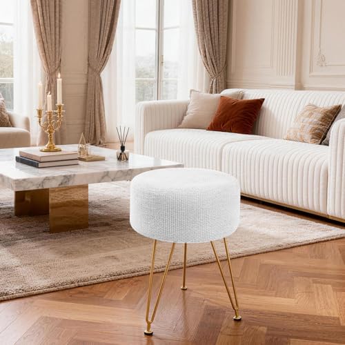 DUMOS Velvet Vanity Stool - Beige Small Round Ottoman Foot Rest