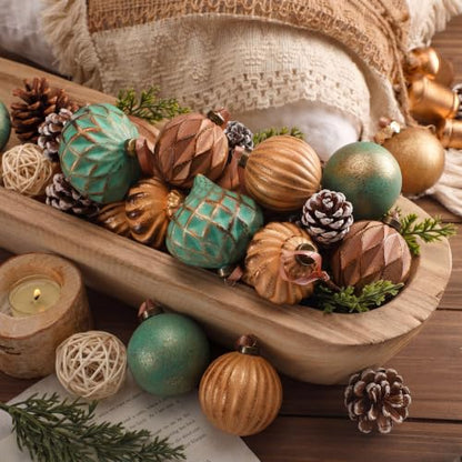 Neutral Christmas Ornaments Set of 12 - Textured Rustic Xmas Tree Decor, Copper, Brown & Green Variations