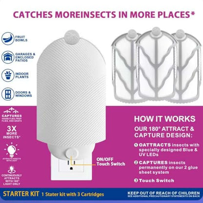 Indoor Flying Insect Trap with UV Light & Refill Cartridges - Mosquito, Fruit Fly, Gnat Catcher