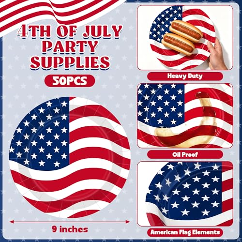 Independence Day 50PCS Patriotic Paper Plates Red White Blue 9-inch Party Supplies